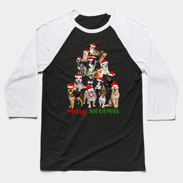 Funny Merry Woofmas Christmas Dog Tree Baseball T-Shirt by Magazine